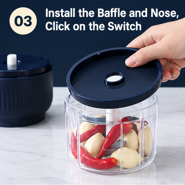 Install the lid and cutting head, then press the switch